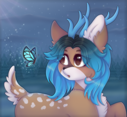 Size: 2500x2300 | Tagged: safe, artist:saltyvity, imported from derpibooru, oc, butterfly, deer, deer pony, original species, pony, blue background, blue mane, blushing, brown eyes, cute, deer oc, ear fluff, fawn, fluffy, forest, forest background, horns, magic, magic aura, moon, night, non-pony oc, solo, sparkles, stars, surprised face