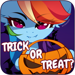 Size: 840x838 | Tagged: safe, artist:shavurrr, imported from derpibooru, rainbow dash, pony, fangs, halloween, holiday, looking at you, pumpkin, sticker