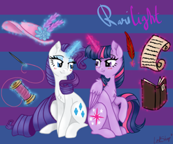 Size: 3000x2500 | Tagged: safe, artist:lostsheep, imported from derpibooru, rarity, twilight sparkle, alicorn, pony, unicorn, blushing, book, female, folded wings, hat, lesbian, levitation, looking at each other, looking at someone, magic, needle, quill, rarilight, scroll, shipping, telekinesis, thread, twilight sparkle (alicorn), wings