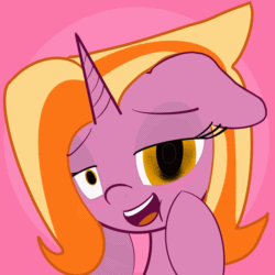 Size: 2048x2048 | Tagged: safe, artist:knife smile, imported from derpibooru, oc, oc:sunny cove ice lake, unicorn, animated, bedroom eyes, bust, eyebrows, eyes closed, female, floppy ears, g4, heart, mare, open mouth, open smile, smiling, solo