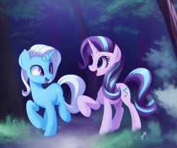 Size: 1221x1024 | Tagged: safe, imported from derpibooru, starlight glimmer, trixie, pony, unicorn, ai assisted, ai content, cute, duo, duo female, female, forest, generator:pony diffusion v1, generator:stable diffusion, grass, looking at each other, looking at someone, mare, prompter:siber, talking, tree, walking
