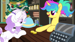 Size: 3000x1685 | Tagged: safe, artist:kannakiller, artist:npocto_14, imported from derpibooru, oc, oc only, oc:midnight blizzard, pony, unicorn, base used, bits, boxes, buttons, cash register, choker, christmas, christmas decorations, christmas tree, collaboration, collar, decoration, digital art, duo, duo female, eyelashes, female, hat, holiday, horn, light, looking at someone, looking down, mare, pixel art, products, rack, score, sparkles, spruce tree, tail, tail wrap, tree, unicorn oc, veil, wood