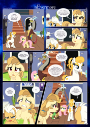 Size: 3259x4607 | Tagged: safe, artist:estories, imported from derpibooru, discord, fluttershy, oc, oc:alice goldenfeather, oc:fable, oc:golden jewel, draconequus, earth pony, pegasus, pony, comic:nevermore, colt, comic, female, filly, foal, high res, male, mare, speech bubble