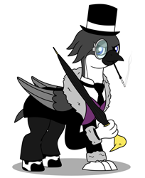 Size: 2160x2650 | Tagged: safe, artist:metal-jacket444, imported from derpibooru, oc, oc only, bird, classical hippogriff, hippogriff, penguin, pony, batman, cigarette, cigarette holder, clothes, dc comics, hat, monocle, necktie, oswald chesterfield cobblepot, penguin (dc comics), ponified, simple background, smoking, solo, suit, top hat, umbrella, white background