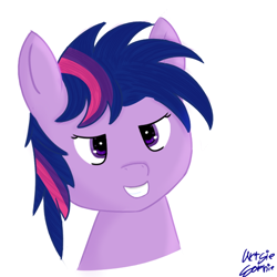 Size: 600x600 | Tagged: safe, artist:ideletedsystem64, imported from derpibooru, twilight sparkle, bust, evil, evil grin, female, grin, looking at you, mare, messy mane, purple eyes, simple background, smiling, solo, sparkly eyes, white background, wingding eyes