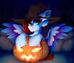 Size: 3500x2981 | Tagged: artist needed, safe, artist:shinoshai, imported from derpibooru, oc, pegasus, pony, commission, halloween, hat, holiday, jack-o-lantern, night, pumpkin, solo, witch hat