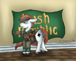 Size: 1280x1024 | Tagged: safe, artist:lil_vampirecj, imported from derpibooru, oc, oc only, oc:wild ace, earth pony, pony, commission, ears back, flag, gun, irish, irish republic, looking away, scene, weapon