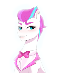 Size: 2067x2510 | Tagged: safe, artist:aztrial, imported from derpibooru, zipp storm, pegasus, pony, spoiler:g5, spoiler:my little pony: tell your tale, spoiler:tyts01e32, baby critters, bowtie, clothes, ear piercing, eyebrows, female, g5, handsome, mare, my little pony: tell your tale, piercing, simple background, smiling, solo, tuxedo, white background