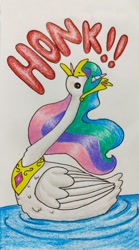 Size: 711x1280 | Tagged: safe, artist:mintytreble, imported from derpibooru, princess celestia, alicorn, bird, goose, female, folded wings, gooselestia, simple background, solo, species swap, traditional art, wings