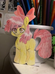 Size: 3024x4032 | Tagged: safe, artist:irlfluttershyy, imported from derpibooru, apple bloom, earth pony, pony, cutout, female, filly, foal, irl, photo, smiling, solo, traditional art