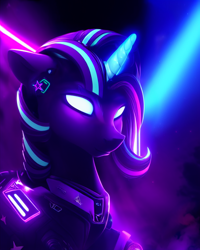 Size: 512x640 | Tagged: safe, imported from derpibooru, starlight glimmer, pony, ai content, ai generated, clothes, cyberpunk, generator:stable diffusion, glowing, glowing eyes, glowing horn, horn, neon, night, solo, stars, white eyes