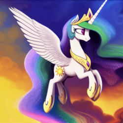 Size: 1024x1024 | Tagged: safe, editor:dovakkins, imported from derpibooru, princess celestia, alicorn, pony, ai content, ai generated, beautiful, cloud, crown, cute, female, flying, g4, generator:purplesmart.ai, generator:stable diffusion, jewelry, mare, regalia, smiling, solo, sunset