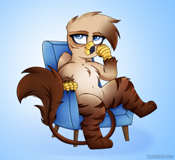 Size: 2500x2276 | Tagged: safe, artist:madelinne, imported from derpibooru, oc, oc only, oc:ace flashtalon, griffon, commission, couch, griffon oc, male, sitting, solo
