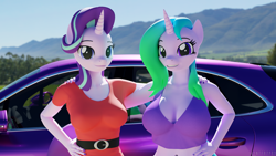 Size: 5760x3240 | Tagged: safe, artist:hunterz263, imported from derpibooru, starlight glimmer, oc, oc:fiona mahri, anthro, plantigrade anthro, unicorn, 3d, 5k, belt, blender, breasts, car, cleavage, clothes, duo, duo female, female, female oc, grin, horn, looking at you, midriff, not sfm, outdoors, smiling, unicorn oc