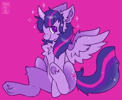Size: 2048x1689 | Tagged: safe, artist:spookyfoxinc, imported from derpibooru, twilight sparkle, alicorn, pony, chest fluff, cute, fluffy, purple background, simple background, sitting, smiling, solo, sparkles, twilight sparkle (alicorn), wings