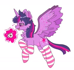 Size: 1685x1581 | Tagged: safe, artist:spookyfoxinc, imported from derpibooru, twilight sparkle, alicorn, pony, blushing, chest fluff, clothes, coffee, glasses, magic, mug, simple background, sleepy, socks, solo, sparkle, stars, stockings, striped socks, thigh highs, twilight sparkle (alicorn), white background