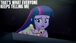 Size: 1280x720 | Tagged: safe, edit, edited screencap, editor:quoterific, imported from derpibooru, screencap, twilight sparkle, human, equestria girls, rainbow rocks, clothes, female, open mouth, pajamas, sad, solo