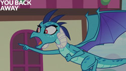 Size: 1280x720 | Tagged: safe, edit, edited screencap, editor:quoterific, imported from derpibooru, screencap, princess ember, dragon, triple threat, angry, dragoness, female, flying, open mouth, pointing, solo, spread wings, wings