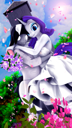 Size: 2160x3840 | Tagged: safe, artist:shadowuwu, imported from derpibooru, rarity, oc, oc:sound shock, alien, alien pony, anthro, pegasus, unicorn, 3d, anthro oc, black sclera, canon x oc, cherry blossoms, clothes, dress, female, flower, male, mare, married, married couple, rarishock, source filmmaker, stallion, straight, suit, wedding dress, wedding suit