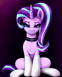 Size: 1024x1280 | Tagged: safe, imported from derpibooru, starlight glimmer, pony, unicorn, ai content, ai generated, choker, clothes, female, generator:pony diffusion v1, generator:stable diffusion, lidded eyes, looking at you, mare, prompter:siber, sitting, smiling, smiling at you, socks, solo, thigh highs