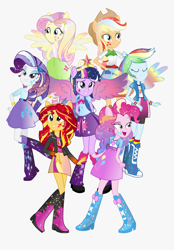 Size: 860x1235 | Tagged: safe, imported from derpibooru, applejack, fluttershy, pinkie pie, rainbow dash, rarity, sunset shimmer, twilight sparkle, human, equestria girls, belt, big crown thingy, boots, clothes, cowboy boots, cowboy hat, element of magic, hat, high heel boots, humane five, humane seven, humane six, jacket, jewelry, ponied up, regalia, shirt, shoes, simple background, skirt, socks, tail, vest, white background, wings