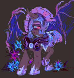 Size: 773x809 | Tagged: safe, artist:geonid, derpibooru exclusive, imported from derpibooru, oc, oc:sharp lily, bat pony, pony, armor, bags under eyes, bat pony oc, bat wings, ears back, fangs, female, flower, glowing, glowing eyes, guardsmare, mare, pink eyes, royal guard, solo, wings