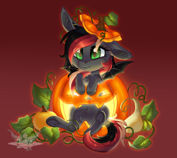 Size: 2423x2160 | Tagged: safe, artist:doekitty, imported from derpibooru, part of a set, oc, oc only, oc:sedonia, bat pony, pony, chest fluff, chibi, commission, female, halloween, holiday, jack-o-lantern, mare, one ear down, pumpkin, solo, ych result