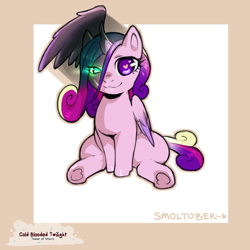 Size: 1200x1200 | Tagged: safe, artist:cold-blooded-twilight, imported from derpibooru, princess cadance, queen chrysalis, alicorn, changeling, changeling queen, pony, :3, disguise, disguised changeling, fake cadance, female, filly, filly queen chrysalis, foal, glowing, glowing eyes, heart, heart eyes, looking at you, mare, sitting, smiling, solo, spread wings, underhoof, wingding eyes, wings, younger