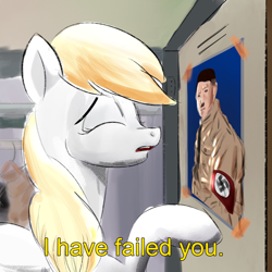 Size: 1000x1000 | Tagged: safe, artist:anonymous, imported from derpibooru, oc, oc only, oc:aryanne, earth pony, pony, adolf hitler, arm band, clothes hanger, comments locked down, dexter's laboratory, eyes closed, female, lockers, mare, meme, nazi, reference, solo, swastika, tape, text