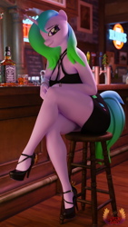 Size: 2160x3840 | Tagged: safe, artist:loveslove, imported from derpibooru, oc, oc only, oc:fiona mahri, anthro, plantigrade anthro, unicorn, 3d, alcohol, anthro oc, bar, black dress, blurry background, breasts, busty oc, clothes, dress, female, food, gradient mane, gradient tail, high heels, high res, horn, jack daniels, looking at you, looking left, shoes, sitting, smiling, smiling at you, solo, tail, tequila, unicorn oc, whiskey