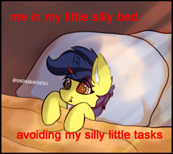 Size: 813x721 | Tagged: safe, artist:shepardinthesky, imported from derpibooru, oc, oc only, oc:cheeseblood, alicorn, bat pony, bat pony alicorn, pony, bat wings, bed, cute, ear fluff, fangs, female, horn, lying down, lying on bed, mare, meme, on bed, solo, text, wings