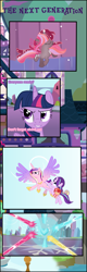 Size: 1515x4752 | Tagged: safe, artist:shootingstarsentry, imported from derpibooru, princess cadance, starlight glimmer, twilight sparkle, oc, oc:nightingale (shootingstarsentry), oc:star curve, alicorn, pony, unicorn, comic:the next generation, artificial wings, augmented, baby, baby pony, crystal heart, magic, magic wings, offspring, parent:starlight glimmer, parent:sunburst, parents:starburst, twilight sparkle (alicorn), wings