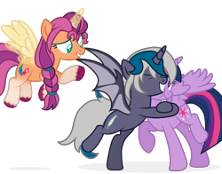 Size: 1488x1164 | Tagged: safe, artist:yeetmedownthestairs, imported from derpibooru, sunny starscout, twilight sparkle, oc, oc:elizabat stormfeather, alicorn, bat pony, bat pony alicorn, pony, alicorn oc, bat pony oc, bat wings, bipedal, cute, eyes closed, flying, g5, grin, horn, hug, markings, mlp fim's twelfth anniversary, my little pony: a new generation, race swap, raised hoof, raised leg, simple background, smiling, sunnycorn, transparent background, trio, twilight sparkle (alicorn), unshorn fetlocks, wings