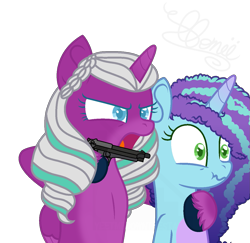 Size: 1297x1261 | Tagged: safe, artist:yeetmedownthestairs, imported from derpibooru, opaline arcana, alicorn, pony, unicorn, spoiler:g5, spoiler:my little pony: make your mark, angry, at gunpoint, bipedal, duo, g5, gun, handgun, hostage, human shield, markings, misty brightdawn, nose wrinkle, open mouth, pistol, raised hoof, scrunchy face, simple background, this will end in death, this will end in tears, this will end in tears and/or death, threatening, transparent background, unshorn fetlocks