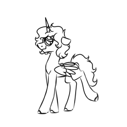 Size: 900x900 | Tagged: safe, artist:fuckomcfuck, imported from derpibooru, oc, oc only, oc:sweet treat, earth pony, pony, doodle, fake horn, fake wings, glasses, monochrome, nonbinary, simple background, solo, white background