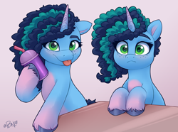 Size: 3500x2600 | Tagged: safe, artist:rivin177, imported from derpibooru, pony, unicorn, :p, big eyes, curly hair, cute, drink, drinking straw, duality, g5, gradient hooves, gradient horn, hooves, horn, misty brightdawn, mistybetes, my little pony: make your mark, raised hoof, smoothie, table, tongue out