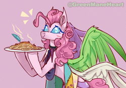 Size: 3000x2086 | Tagged: safe, artist:greenmaneheart, imported from derpibooru, pinkie pie, pony, fanfic:cupcakes, clothes, cutie mark dress, dress, feather, food, pasta, solo