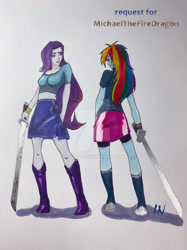 Size: 1280x1707 | Tagged: safe, artist:linds-i, imported from derpibooru, rainbow dash, rarity, human, equestria girls, duo, duo female, female, katana, looking at each other, looking at someone, simple background, sword, traditional art, weapon, white background