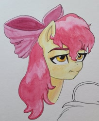 Size: 1738x2133 | Tagged: safe, artist:invalid_david, imported from derpibooru, apple bloom, earth pony, pony, growing up is hard to do, bust, dishevelled, female, mare, older, older apple bloom, portrait, solo, traditional art