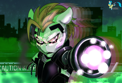 Size: 3840x2600 | Tagged: safe, artist:brainiac, imported from derpibooru, oc, oc only, oc:jump cannon, cyborg, earth pony, pony, the sunjackers, crossover, cyberpsychosis, cyberpunk, cyberpunk 2077, female, happy halloween, link in description, mare, police officer, solo