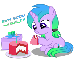 Size: 3850x3105 | Tagged: safe, artist:strategypony, imported from derpibooru, oc, oc only, oc:fiona mahri, pony, unicorn, birthday, birthday cake, cake, candle, cute, eating, female, filly, foal, food, hoof hold, horn, pigtails, pink skin, plate, present, purple eyes, simple background, sitting, text, transparent background, twintails, unicorn oc