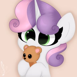 Size: 3000x3000 | Tagged: safe, artist:daftramms, imported from derpibooru, sweetie belle, pony, unicorn, cute, fanart, high res, plushie, simple background, solo, teddy bear