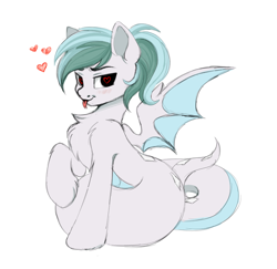 Size: 788x765 | Tagged: safe, artist:vetta, imported from derpibooru, oc, oc only, oc:biru, bat pony, lamia, original species, pony, bat wings, blushing, chest fluff, forked tongue, heart, heart eyes, simple background, solo, spread wings, tongue out, white background, wingding eyes, wings