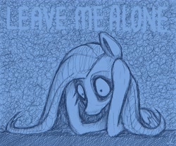 Size: 4096x3384 | Tagged: safe, artist:docwario, imported from derpibooru, fluttershy, pegasus, pony, anxiety, bags under eyes, bluescale, creepy, female, fluttober, holding head, mare, monochrome, solo, text
