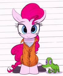 Size: 3000x3660 | Tagged: safe, artist:vultraz, gummy, pinkie pie, alligator, earth pony, pony, clothes, female, looking at you, mare, mugshot, prison outfit, prisoner, shoes, sitting, solo