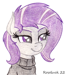 Size: 950x1080 | Tagged: safe, artist:roseluck, imported from derpibooru, oc, oc only, oc:morning glory (project horizons), pegasus, pony, fallout equestria, fallout equestria: project horizons, bust, clothes, colored pencil drawing, fanfic art, female, grey hair, lidded eyes, mare, older, pegasus oc, simple background, skunk stripe, smiling, solo, sweater, traditional art, turtleneck, white background, wings