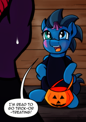 Size: 2456x3473 | Tagged: safe, artist:dsana, imported from derpibooru, fizzlepop berrytwist, tempest shadow, oc, oc:lullaby dusk, pegasus, pony, unicorn, comic:a storm's lullaby, high res, nightmare night, pumpkin bucket, sweat, sweatdrop