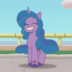 Size: 1080x1080 | Tagged: safe, artist:hashbro, edit, edited screencap, imported from derpibooru, screencap, izzy moonbow, spoiler:g5, spoiler:my little pony: tell your tale, spoiler:tyts01e07, animated, clip trot, g5, happy, happy h. christmas, loop, looped, maretime bay, music, my little pony: tell your tale, sound, spinning, webm