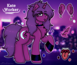Size: 2400x2048 | Tagged: safe, artist:kichimina, imported from derpibooru, oc, oc only, oc:kate worker, pony, unicorn, blurry background, chest fluff, choker, closed mouth, collar, colored, cutie mark, digital art, ear piercing, earring, eyebrows, eyelashes, fangs, female, full body, glow, glowing horn, hooves, horn, jewelry, lip piercing, looking at you, magic, mane, mare, moon, open mouth, piercing, raised hoof, reference sheet, signature, solo, sparkles, standing, stars, tail, teeth, tongue out, tongue piercing, unicorn oc, wristband