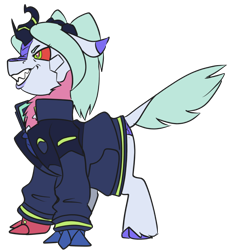 Size: 640x699 | Tagged: safe, artist:brainiac, imported from derpibooru, cyborg, kirin, pony, claws, clothes, cloven hooves, cyberpunk, fangs, female, jacket, mare, ponified, rebecca (edgerunners), red sclera, simple background, solo, transparent background